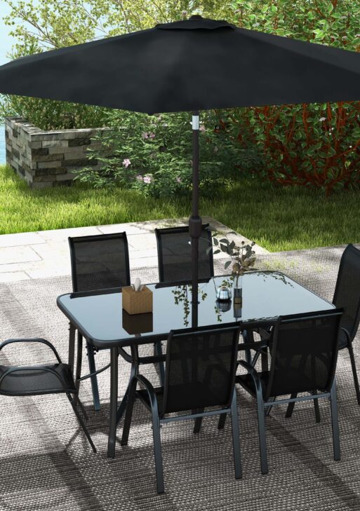 8 Pieces Patio Furniture Set with 9Ft Patio Umbrella, Outdoor Dining Table and Chairs, Black