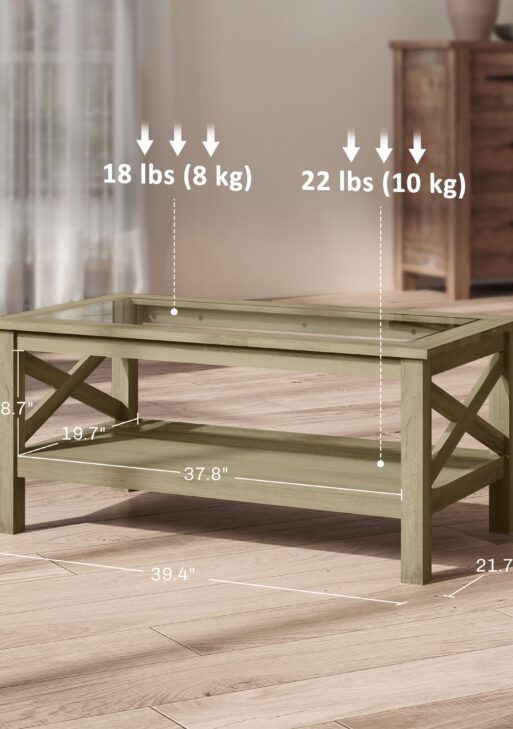 Coffee Table with Tempered Glass Tabletop, Living Room Table with Wood Frame and Underneath Storage Shelf, Gray