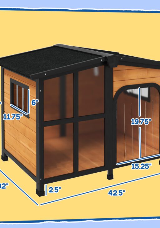 Cabin-Style Wooden Dog House for Large Dogs with Openable Roof & Giant Window, Yellow