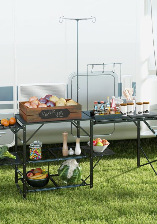 Folding Camp Kitchen, Camping Table Cooking Station with Adjustable Lamp Stand