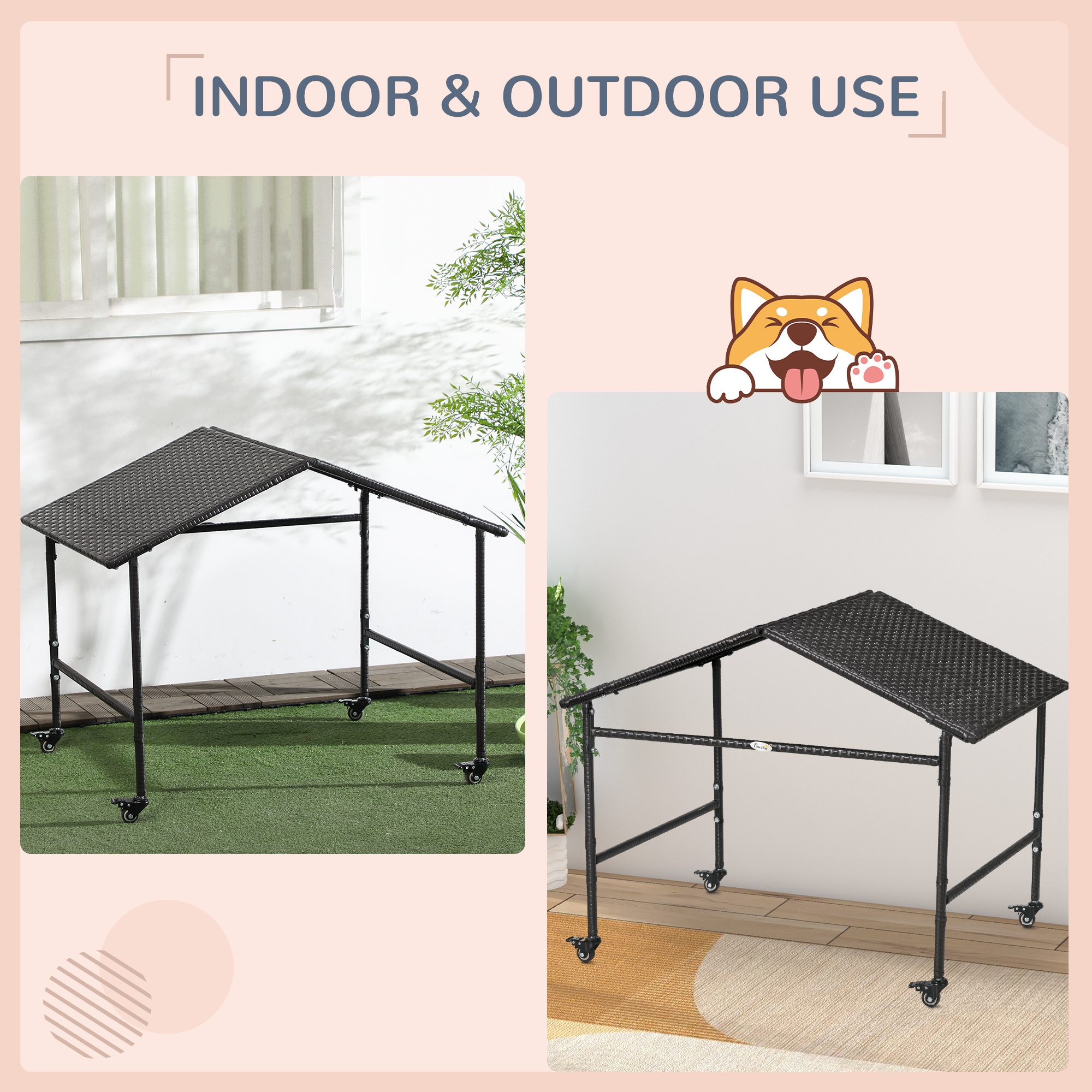 Outdoor Dog Shelter with Wheels, Portable Wicker Animal Shelter for Small and Medium Sized Dogs, Dark Brown - Image 2