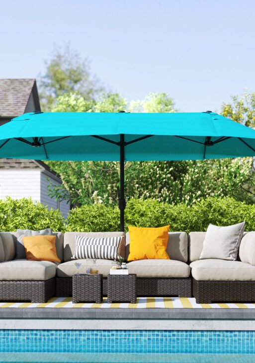 Patio Umbrella, 15' Steel Rectangular Outdoor Double Sided Market Umbrella with Base, Sun Protection & Easy Crank, Blue