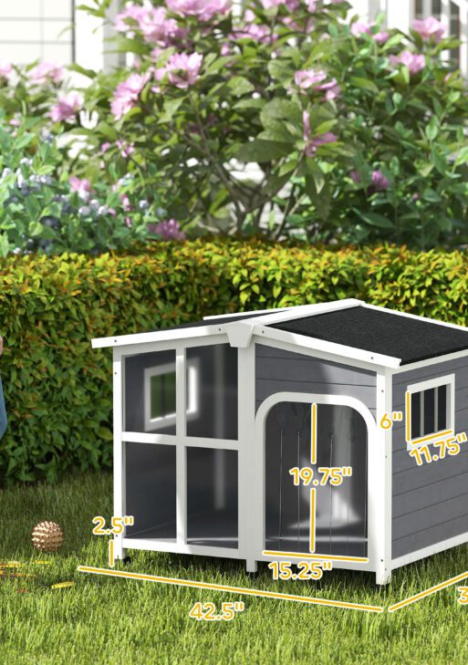 Cabin-Style Wooden Dog House for Large Dogs with Openable Roof & Giant Window, Dark Gray