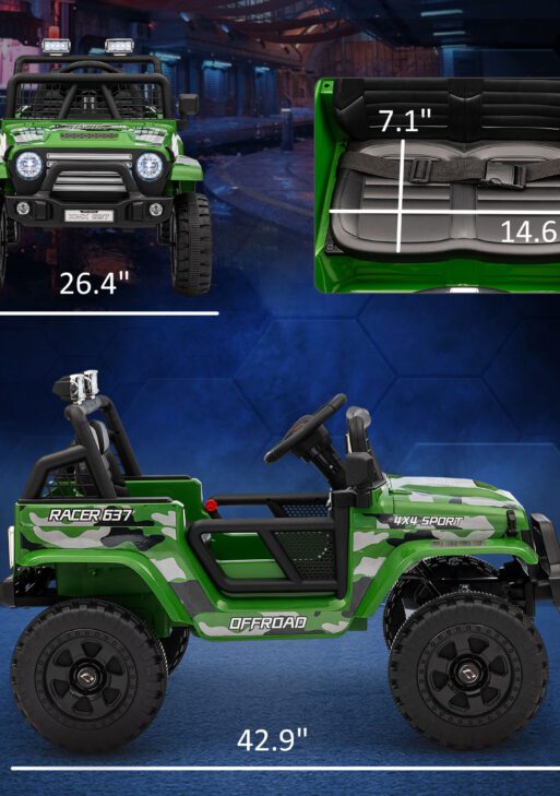 12V Ride on Car, Ride on Truck w/ Remote, 4 Suspension Wheels, 3 MPH Max Speed, Music, Horn & Lights, Green