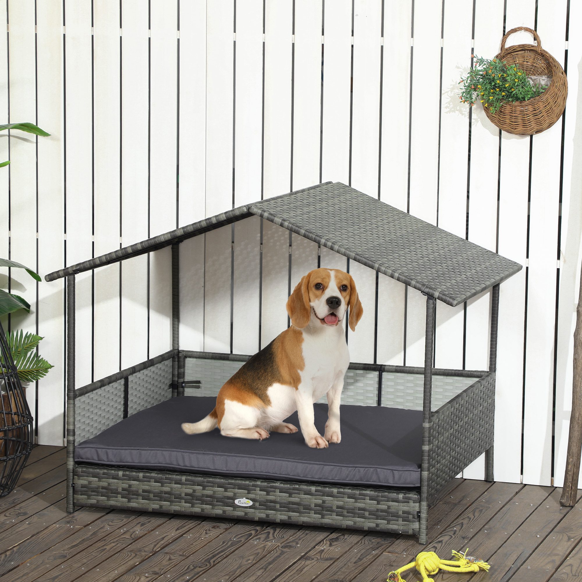 Outdoor Dog Bed with Canopy, Rattan Dog Bed with Soft Cushion Removable Cover for Medium and Large Dogs, Dark Gray