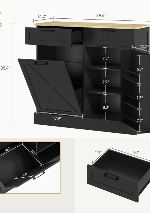 10 Gallon Farmhouse Kitchen Cabinet with Hidden Trash Can and 2 Drawers, Tilt Out Trash Can Cabinet for Kitchen, Black