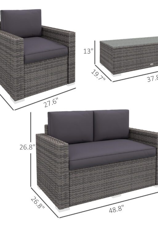 4 Pieces Rattan Sofa Set Wicker Patio Sofa Set with Loveseat Chairs Glass Top Coffee Table for Garden Outdoor Gray