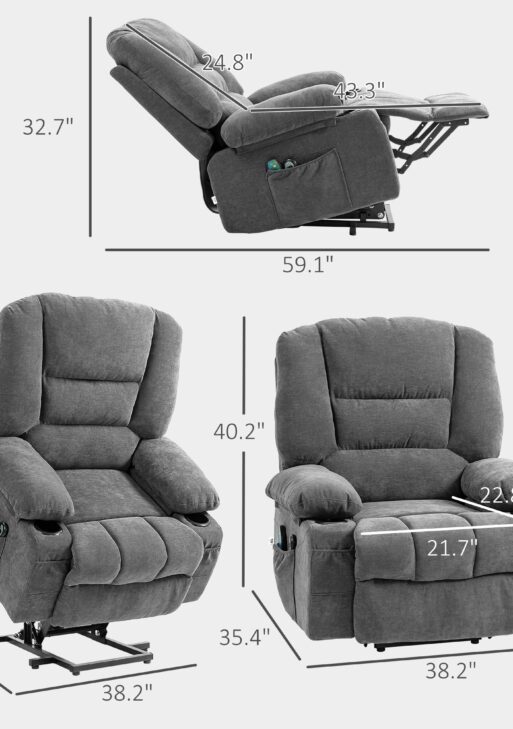 Power Lift Chair, Electric Recliner Chair with Vibration Massage, Heat, Side Pockets, Quick Assembly, Charcoal Gray