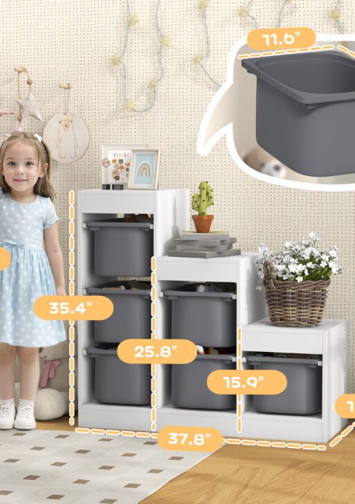 3 Layers Kids Toy Storage Organizer with 6 Storage Bins, Kids Bookshelf for Ages 3-8 Years, Play Room, Bedroom, Gray