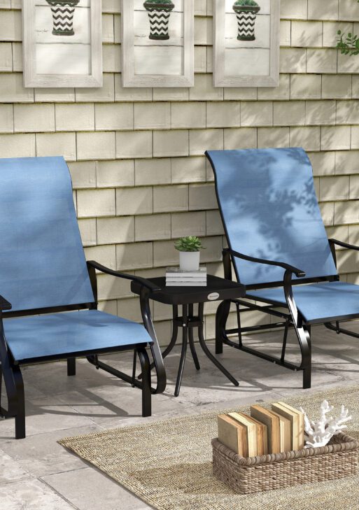 3-Piece Outdoor Gliders Set Bistro Set with Steel Frame, Tempered Glass Top Table for Patio, Garden, Light Blue