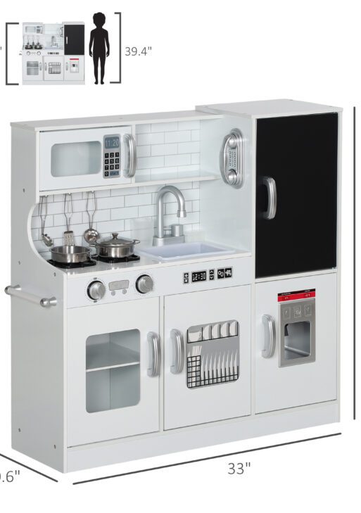 Pretend Play Kitchen, Kids Kitchen Playset with Play Phone, Chalkboard, Towel Rack & Ice Maker for 3-8 Years White