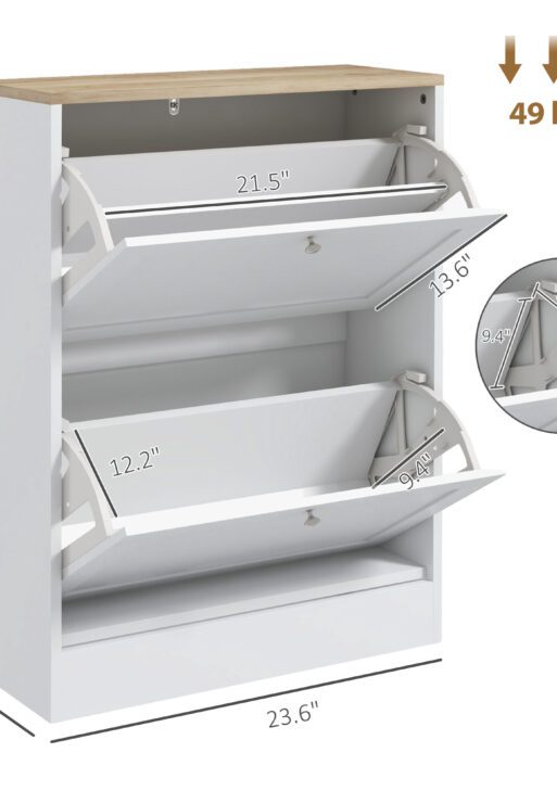 Slim Shoe Storage Cabinet, Modern Shoe Cabinet with 2 Flip Drawers and Adjustable Shelves for 8-12 Pairs, White