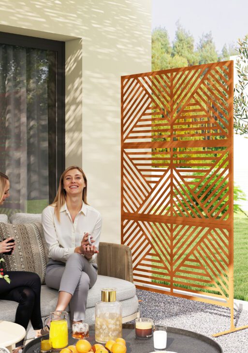 Decorative Privacy Fence Screen, Metal Outdoor Privacy Screen Climbing Plant Trellis with Stand, Rhombus Brown