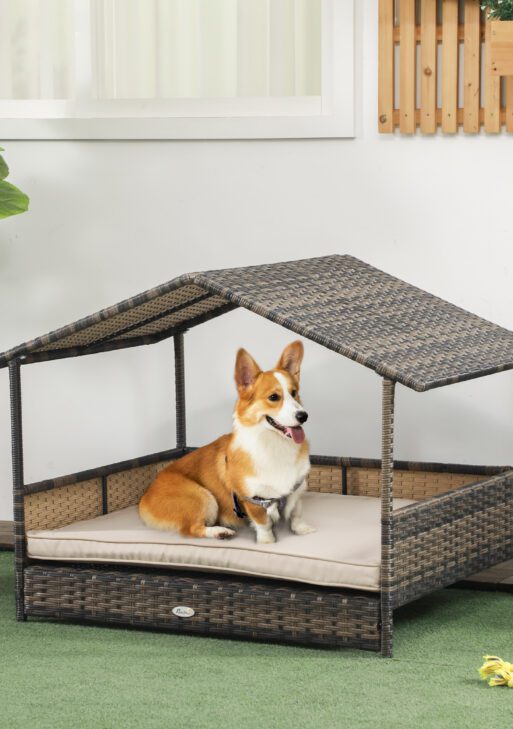 Wicker Dog House with Removable Cushion Lounge, Khaki