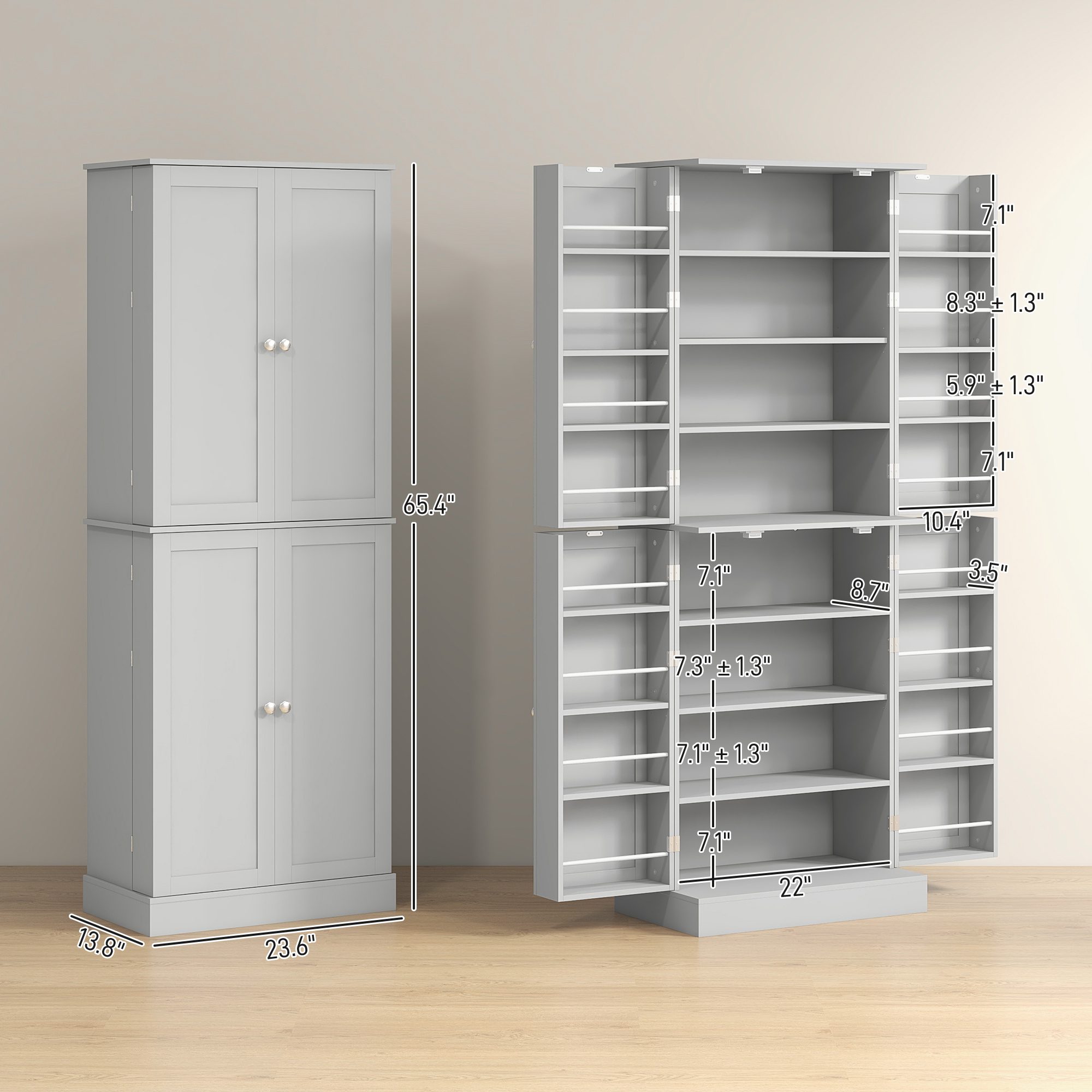 65" Kitchen Cabinet, Kitchen Pantry Cabinet with 4 Doors and 16 Door Shelves for Dining Room, Gray - Image 1