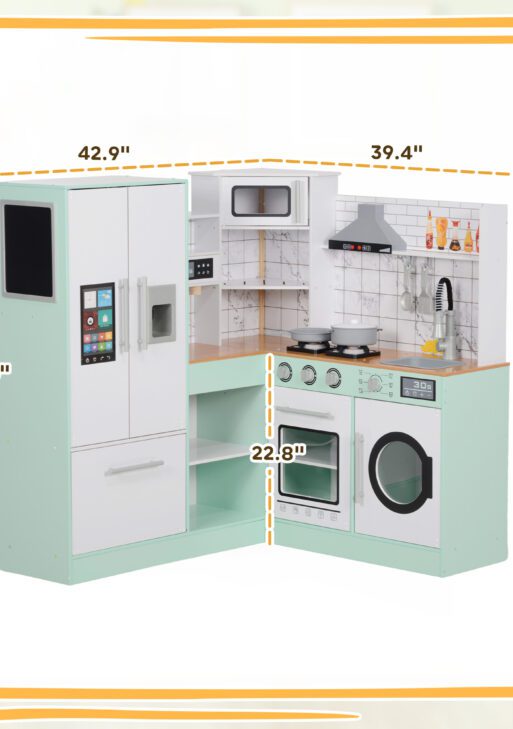 Play Kitchen, Corner Kids Kitchen Playset w/ Chalkboard, Range Hood, Ice Maker, Stove, Microwave, Sound & Lights