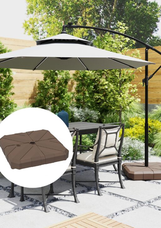 Square Patio Umbrella Base, Cantilever Offset Umbrella Base Heavy Duty Outdoor Umbrella Stand Base, Filled Up to 143lbs with Stand or 130lbs with Water for Garden Poolside, Brown