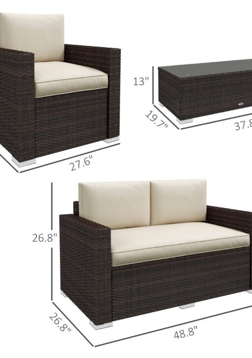 4 Pieces Rattan Sofa Set Wicker Patio Sofa Set with Loveseat Chairs Glass Top Coffee Table for Garden Outdoor Khaki
