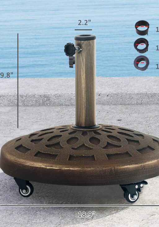 Round Patio Umbrella Base with Wheels, 46 lbs Resin Umbrella Stand Base, Heavy Duty Patio Umbrella Holder for 1.3"/1.5"/1.9" Umbrella Poles for Outdoor, Lawn, Poolside, Bronze