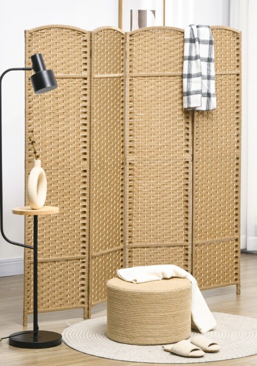 Folding Room Divider Screen 4 Panel 5.6 ' Tall Privacy Screen Freestanding Room Partition for Home Office, Nature Wood
