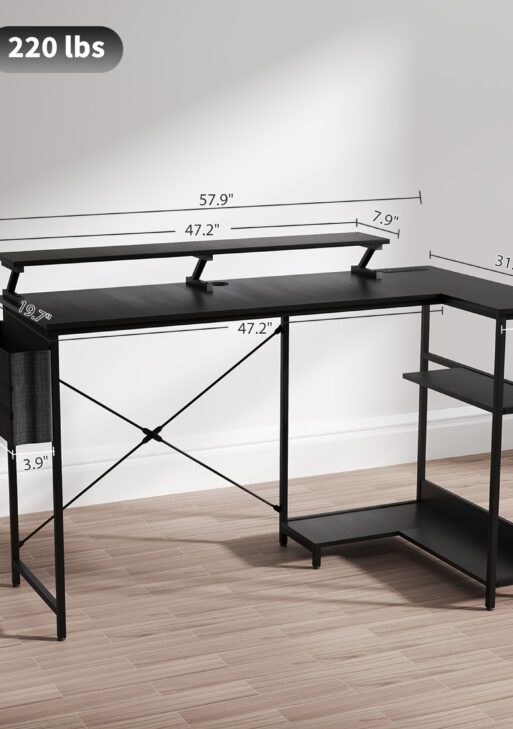 58" Reversible L Shaped Computer Desk, Corner Desk with Monitor Stand, Power Outlets and LED Lights, Black