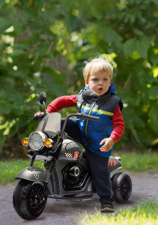 6V 3 Wheel Electric Motorcycle for Kids, Battery Powered Motorbike w/ Headlights, Music, Forward & Reverse, Gray