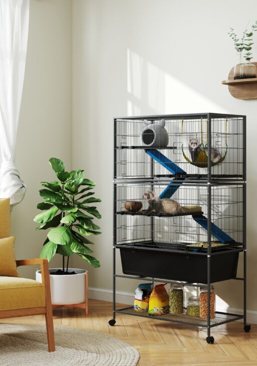 59" 5-Level Small Animal Cage, Rolling Ferret Cage with 6.3" Deep Tray, Non-Slip Cloth Covered Ramps, Hammock, Dark Gray