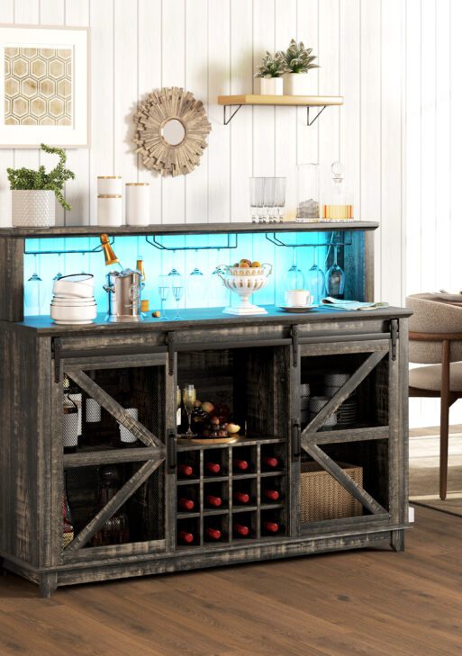 55" Coffee Bar Cabinet with Lights, Farmhouse Wine Cabinet with Wine and Glass Racks for Kitchen, Dining Room, Brown