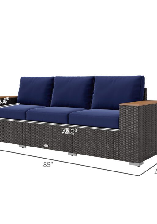 3-Seat Outdoor Patio Sofa, PE Wicker Outdoor Couch with Extra Wide Deep Seat, Wide Armrests 4" Cushions, Navy Blue