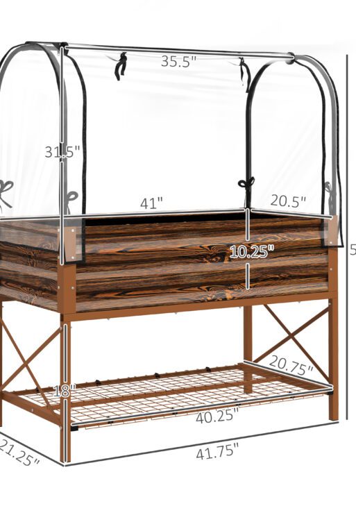 Raised Garden Bed with Legs and Cover, Metal Elevated Planter Box with Bottom Shelf and Liner for Vegetables, Brown