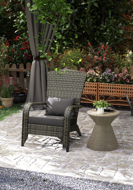 Patio Adirondack Chair with Rattan Wicker, Soft Cushions, Tall Curved Backrest for Deck or Garden, Mixed Gray