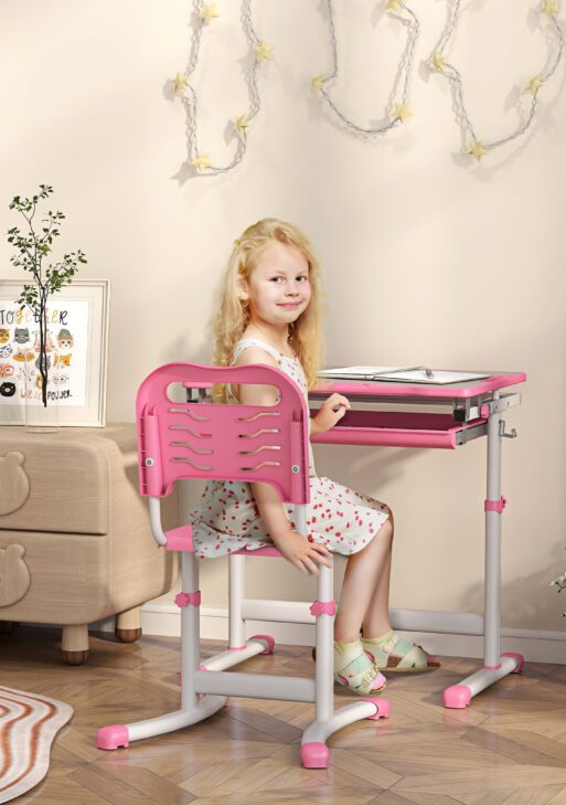 Height Adjustable Kids Desk and Chairs Set with Tilt Desktop, Storage Drawer, Pen Slot, Hook, Pink