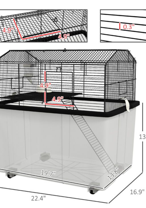 22" 2-Tier Hamster Cage with Extra-Deep 14" Base, Small Animal Cage with Ramp, Water Bottle, Food Dish, Wheels, Black