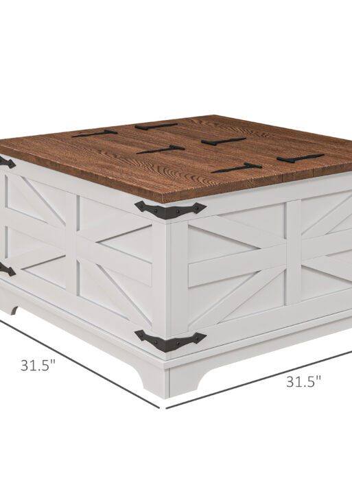 Farmhouse Coffee Table, Square Center Table with Flip-top Lids, Hidden Storage Compartment, White