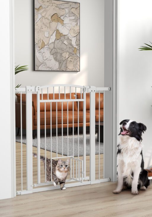 30"-41" Extra Wide Walk Through Dog Gate w/ Cat Door, 3-Inch & 5.5-Inch Extension Kits, 37" High