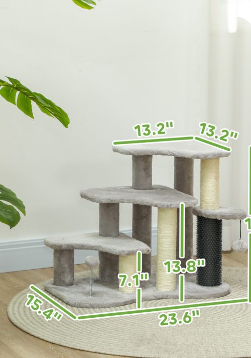 2 in 1 Cat Tree Tower 3-Step Pet Stairs with Scratching Posts, Tickling Post, Toy Balls, for High Beds, Couch