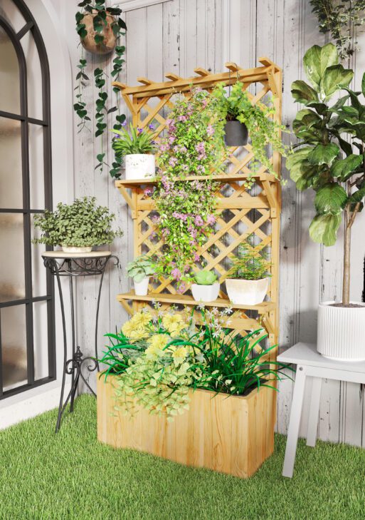 Raised Garden Bed, Wooden Planter with Trellis, Hanging Roof, Plant Shelf, Drainage Holes and Bed Liner, Natural