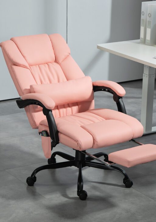 Massage Office Chair with 6 Vibrating Points, High Back Reclining Office Chair with Footrest and Remote, Pink