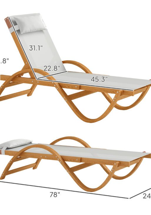 Larch Wood Lounge Chair, 4-Level Adjustable Tanning Chair, Full Flat Patio Lounger with Mesh Seat, Cream White