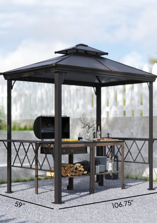Outside Porch BBQ Cooking Pergola Canopy with 6 Hooks for Utensils and Double Venting Roof, Coffee
