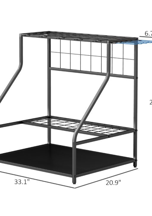 3-Tier Yard Tool Storage Rack, Garden Tool Organizer with Hooks for Long-Handled, Broom, Shovel, Blue