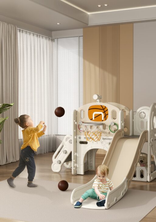 7-in-1 Toddler Slide, Kids Slide for Ages 1-6 Years w/ Ring Toss, Basketball Hoop, Telescope Climber, Storage Space