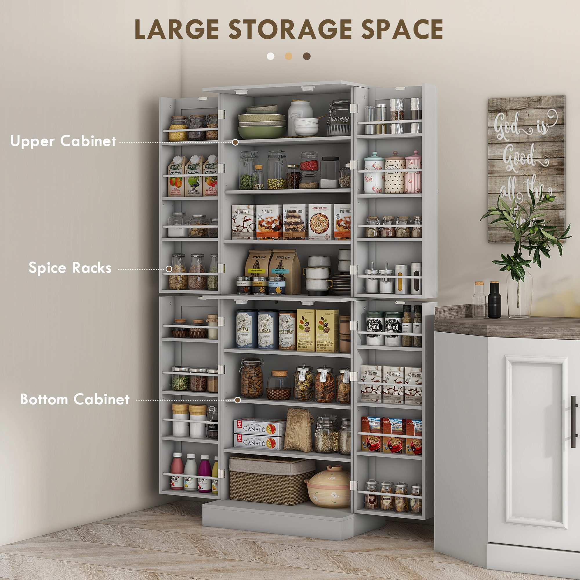 65" Kitchen Cabinet, Kitchen Pantry Cabinet with 4 Doors and 16 Door Shelves for Dining Room, Gray - Image 2