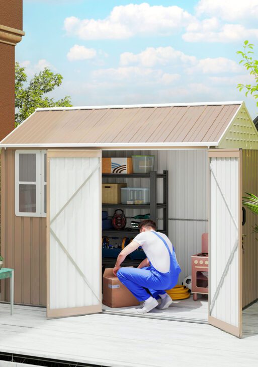 8' x 6' Metal Garden Storage Shed, Extra Large Outdoor Tool Storage House w/ Doors, Window and Air Vents, Brown