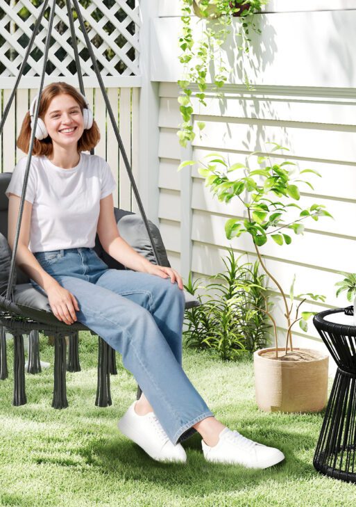 Hammock Swing Chair, Macrame Hanging Chair with Large Cushion, Chain, Steel Frame for Indoor Outdoor Use, Dark Gray