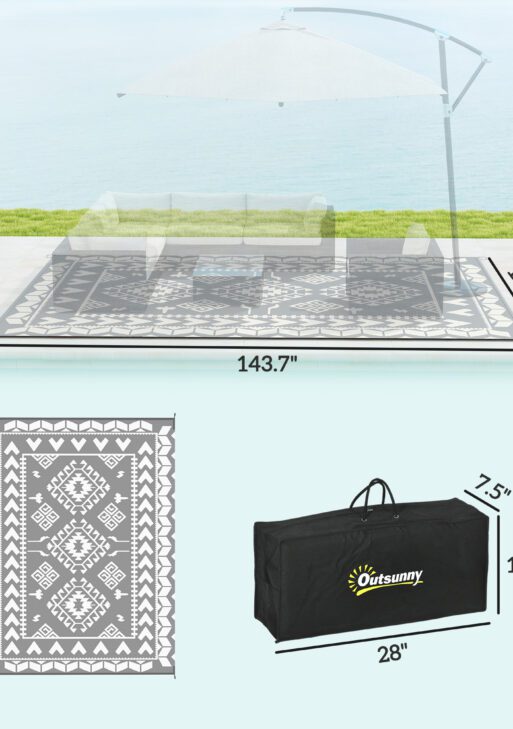 Reversible Outdoor Rug, Waterproof Plastic Straw with Carry Bag, 9' x 12', Gray & White Rhombus Patchwork