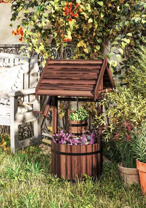 Wood Wishing Well for Outside with Hanging Bucket, Wishing Well Planter with Drain Hole for Garden Patio, Carbonized