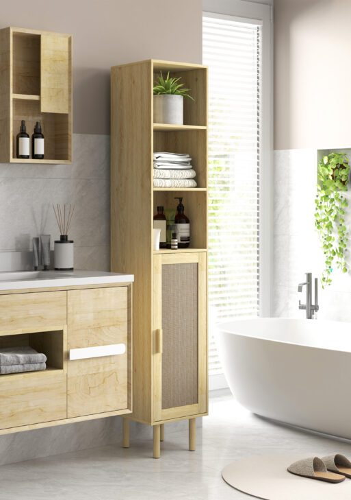 Tall Bathroom Cabinet with Rattan Doors, Freestanding Bathroom Storage Cabinet with Adjustable Shelves, Distressed Oak