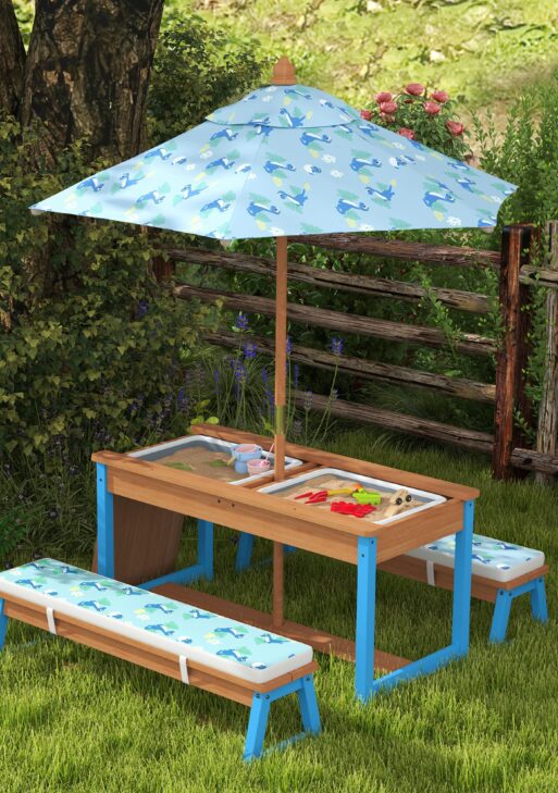 Kids Picnic Table Set with Foldable Umbrella, Removable Cushions & Boxes, Dinosaur Theme, Blue