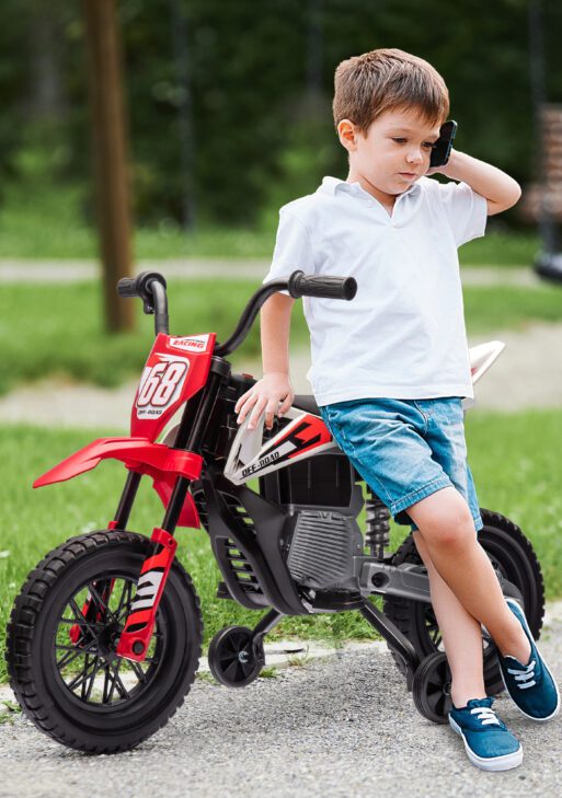 12V Kids Electric Motorcycle w/ Twist Grip Throttle, Training Wheels, Rear Suspension & Music, Red